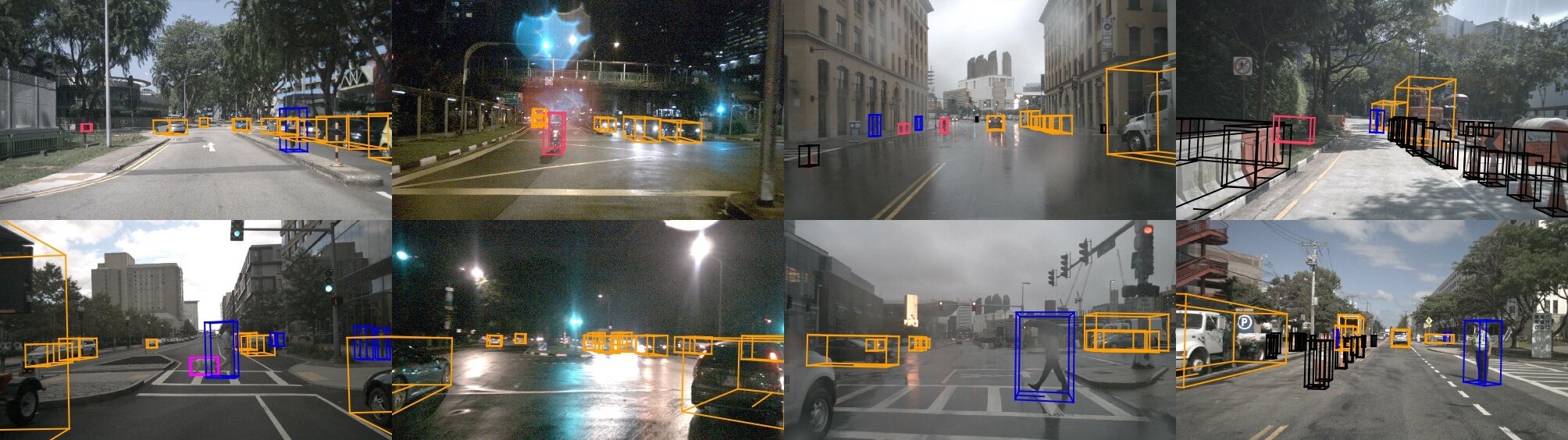 Examples from the nuScenes dataset: images collected from clear weather (col 1), nighttime (col 2), rain (col 3) and construction zones (col 4).
